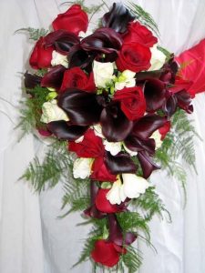 Trailing wedding bouquet with red and white roses and burgundy calla lilies and fern